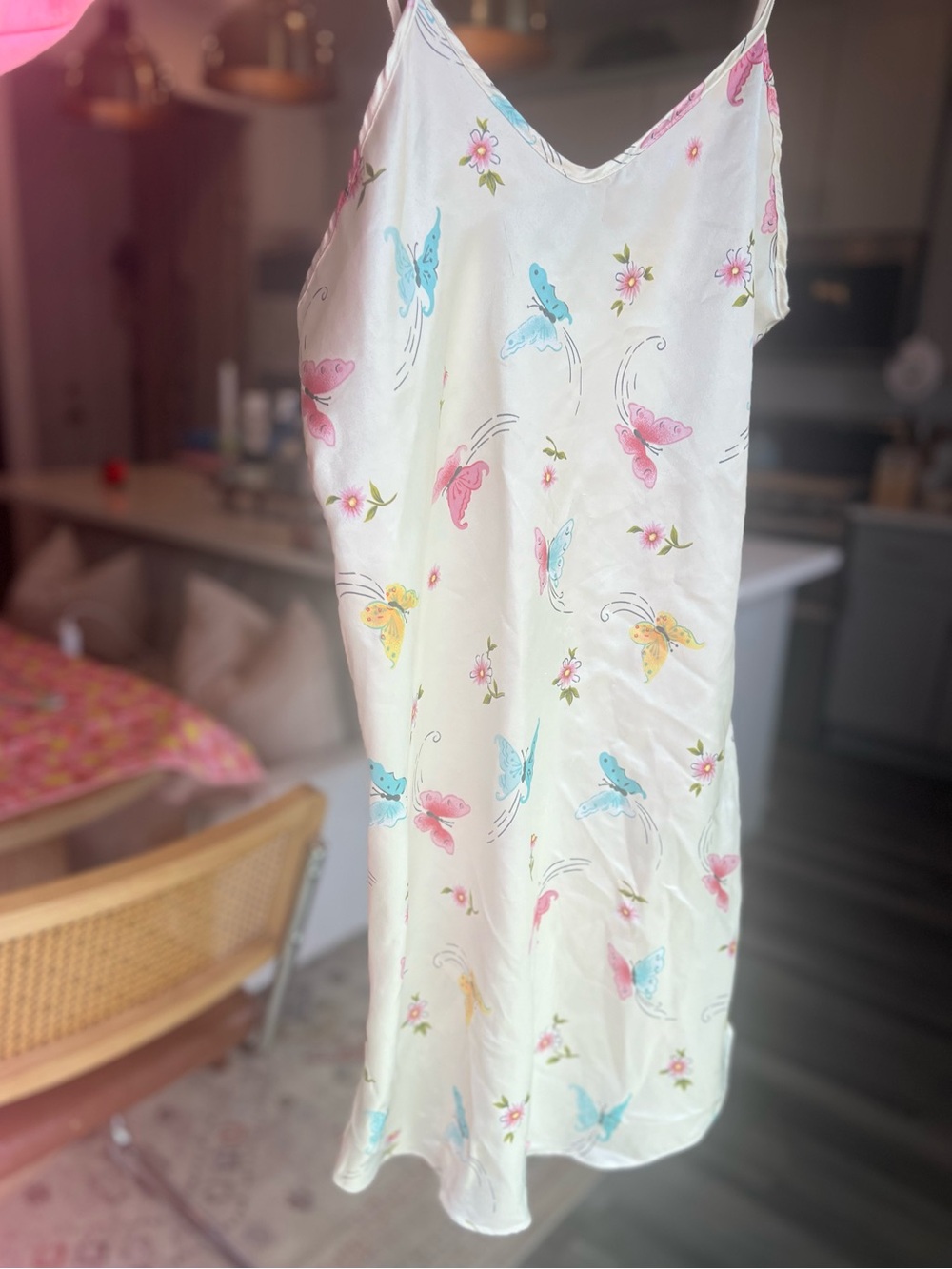 Butterfly Print Satin Mini Slip Dress - White